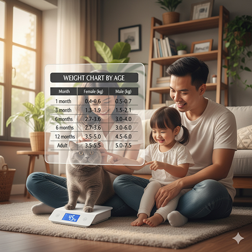 Bảng cân nặng mèo Anh lông ngắn (British Shorthair – ALN) theo tháng tuổi từ 1 đến 18 tháng và trưởng thành cho cả mèo đực và mèo cái