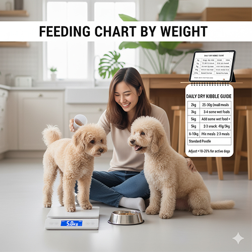 Bảng định lượng khẩu phần ăn cho chó Poodle theo cân nặng – hướng dẫn số gram hạt khô mỗi ngày cho size 2kg đến Standard Poodle.