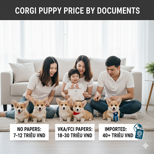 Bảng giá Corgi con 2025 theo giấy tờ: không giấy 7–12 triệu, giấy VKA/FCI 18–30 triệu, nhập khẩu từ 40 triệu trở lên