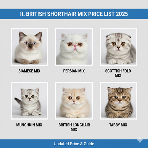 Bảng giá mèo Anh lông ngắn lai 2025 với các loại Tabby, Siamese, Persian, Scottish Fold, Munchkin và British Longhair mix kèm đặc điểm ngoại hình.