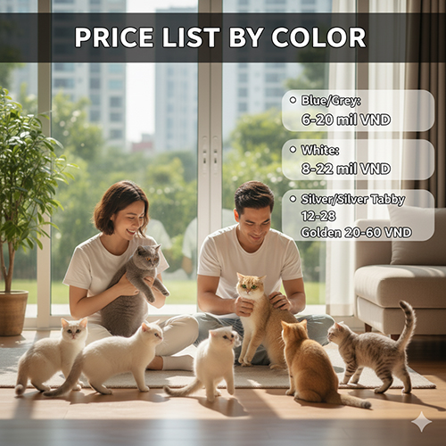Bảng giá mèo Anh lông ngắn theo màu 2025 – blue/xám xanh, trắng, silver/silver tabby, golden; ảnh cặp đôi chơi với đàn mèo trong phòng khách