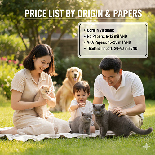 Bảng giá theo nguồn gốc & giấy tờ mèo Anh lông ngắn 2025 – ảnh gia đình picnic chơi với đàn British Shorthair
