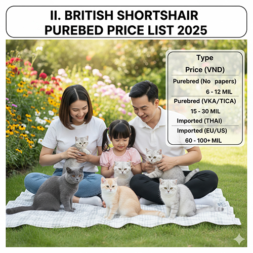 Gia đình ngồi picnic với nhiều mèo Anh lông ngắn thuần chủng màu xám, trắng, vàng; bảng giá 2025 hiển thị các mức từ 6 triệu đến 100+ triệu.