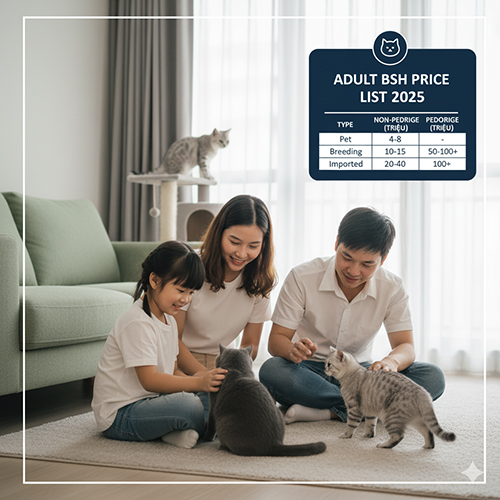 Gia đình chơi với ba mèo Anh lông ngắn trưởng thành trong phòng khách; khung bảng “Adult BSH Price List 2025” tóm tắt giá pet, giống và nhập khẩu.
