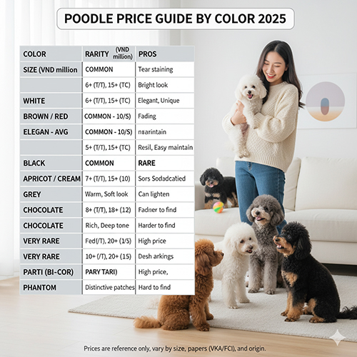 Bảng giá chó Poodle theo màu 2025 – Trắng, đen, nâu đỏ, xám, vàng mơ, socola, phantom, bò sữa