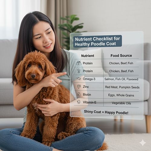 Bảng dinh dưỡng cho chó Poodle hạn chế rụng lông: protein, omega-3, kẽm, biotin, vitamin E