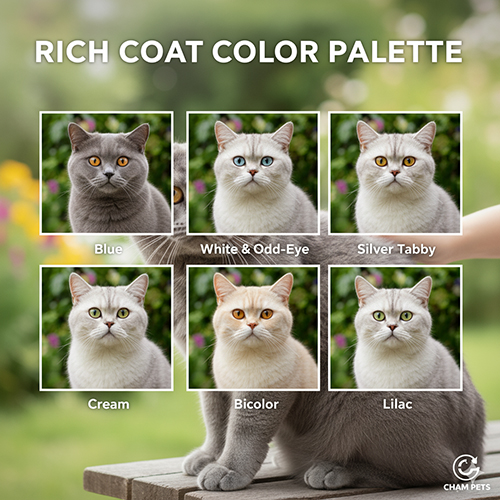 Bảng màu lông phong phú của mèo Anh lông ngắn – Blue, White odd-eye, Silver Tabby, Cream, Bicolor, Lilac