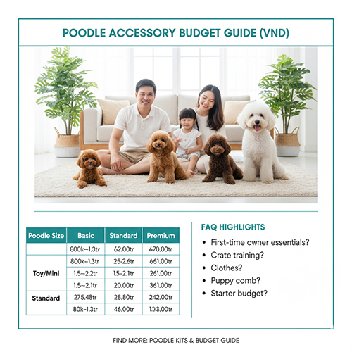 Gia đình cùng nhiều chú Poodle các size khác nhau và bảng ngân sách phụ kiện từ basic đến premium