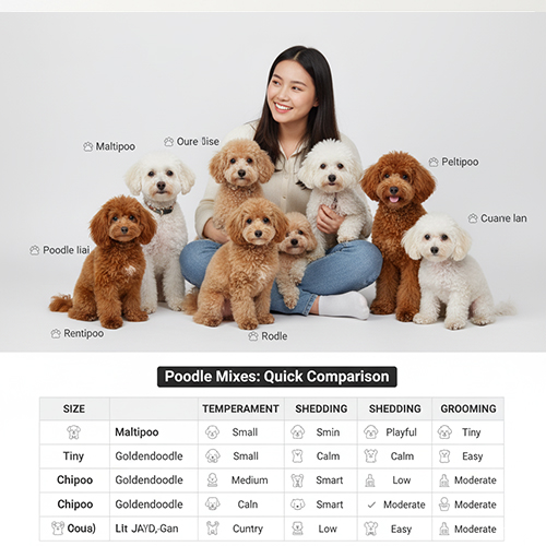 Bảng so sánh nhanh các dòng Poodle lai – Maltipoo, Goldendoodle, Chipoo, Cockapoo, Poodle lai chó cỏ, Corgi, Chihuahua, Bichon, Bắc Kinh, Pug