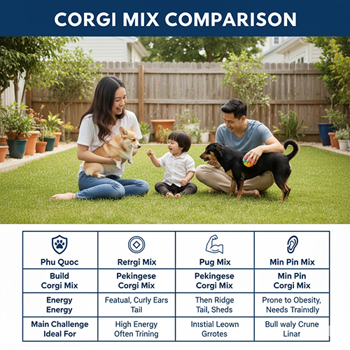 Bảng so sánh Corgi lai Phú Quốc, Bắc Kinh, Pug & Phốc – vóc dáng, tính cách, năng lượngTitle: So sánh nhanh 4 dòng Corgi lai phổ biến