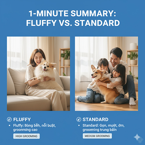 So sánh nhanh Fluffy Corgi lông dài và Standard Corgi lông ngắn cùng gia đình trong phòng khách