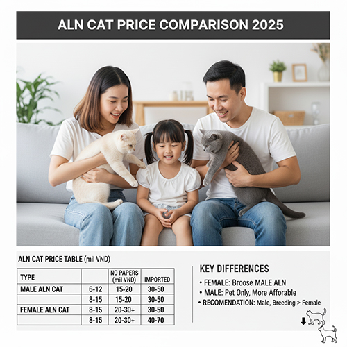 Infographic bảng so sánh giá mèo Anh lông ngắn đực và cái 2025 theo 3 mức: không giấy, có giấy VKA, nhập khẩu; kèm ảnh gia đình ôm hai mèo BSH