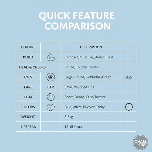 Bảng so sánh nhanh đặc điểm mèo Anh lông ngắn – vóc dáng compact, má phúng phính, mắt tròn, lông crisp