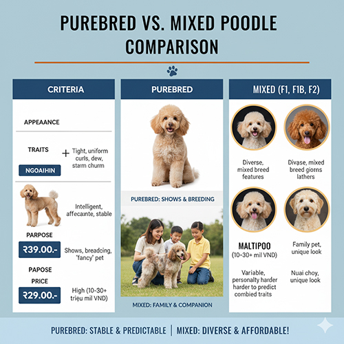 Bảng so sánh Poodle thuần chủng và Poodle lai (F1, F1B, F2): ngoại hình, tính cách, giấy tờ, mục đích nuôi và giá bán
