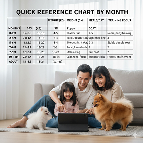 Bảng tham chiếu nhanh theo tháng cho chó Phốc Sóc: cân nặng, chiều cao vai, số bữa/ngày, tình trạng lông và mục tiêu huấn luyện theo từng giai đoạn.
