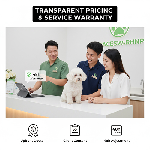 Chính sách grooming Poodle – minh bạch giá, chỉ phát sinh khi đồng ý, bảo hành chỉnh sửa 48h