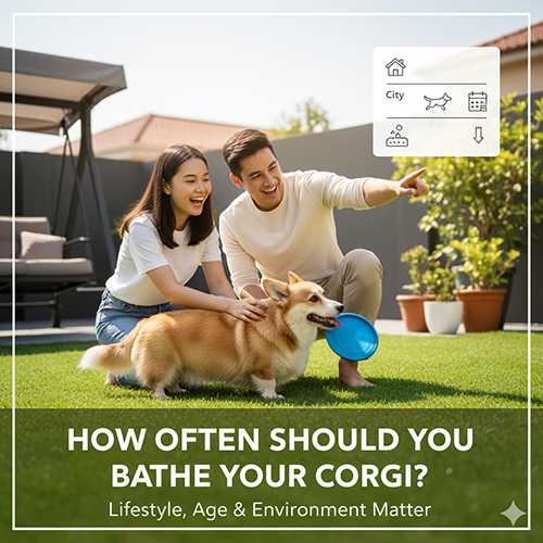 Tần suất tắm cho chó Corgi phụ thuộc vào môi trường, tuổi, thời tiết, thường 2–4 tuần/lần