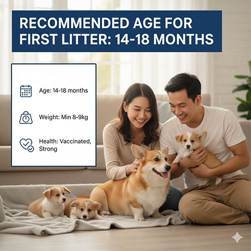 Bao nhiêu tháng thì nên cho Corgi đẻ lứa đầu? Khuyến nghị 14–18 tháng, cân nặng tối thiểu 8–9kg, đã tiêm phòng và khỏe mạnh.