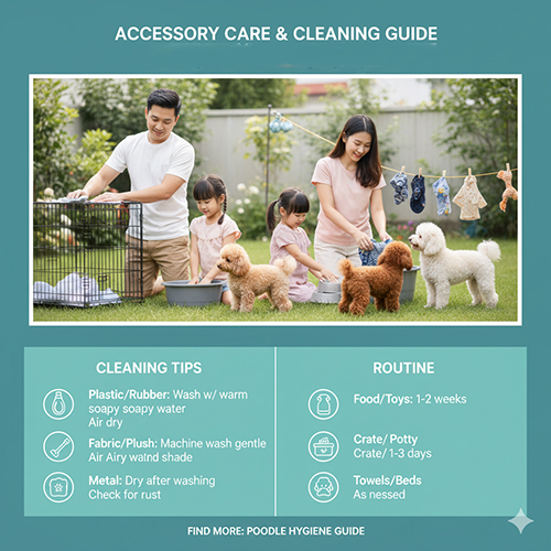 Gia đình vệ sinh và phơi khô phụ kiện chó Poodle gồm chuồng, đồ chơi và quần áo ngoài trời
