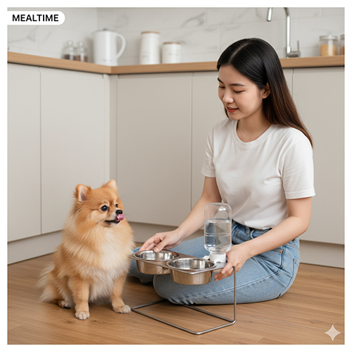 Bát ăn và bình nước cho chó Phốc Sóc – Bát inox chống gỉ, bình nước tự động sạch sẽ cho Pom mini