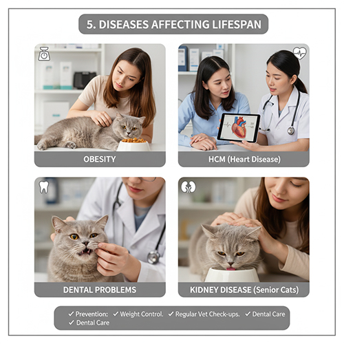 Các bệnh ảnh hưởng đến tuổi thọ mèo Anh lông ngắn gồm béo phì, bệnh tim HCM, bệnh thận mãn tính và vấn đề răng miệng