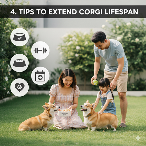 Gia đình vui chơi ngoài trời cùng chó Corgi, minh họa bí quyết kéo dài tuổi thọ
