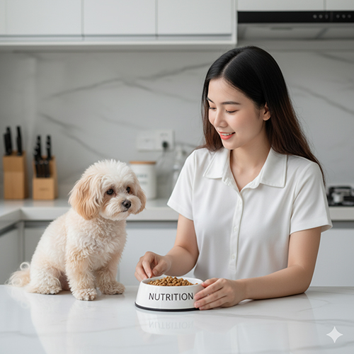 Chế độ dinh dưỡng chó Bichpoo: ăn 2–3 bữa/ngày, hạt size nhỏ, thịt gà bò cá, bổ sung omega-3 & vitamin A, tránh đồ dầu mỡ ngọt