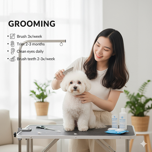 Chăm sóc chó Bichpoo: chải lông 3 lần/tuần, cắt tỉa 2–3 tháng, lau mắt hàng ngày, vệ sinh tai và đánh răng định kỳ