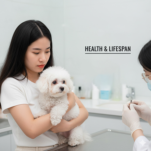 Tuổi thọ & sức khỏe chó Bichpoo: sống 12–15 năm, dễ dị ứng da, ố lông quanh mắt, viêm tai – cần vệ sinh tai mắt thường xuyên