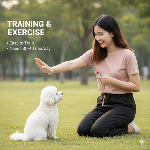 Vận động & huấn luyện chó Bichpoo: cần 30–40 phút/ngày, dễ huấn luyện, ngoan ngoãn và thông minh