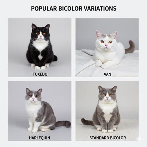 Các biến thể mèo Anh lông ngắn bicolor gồm tuxedo, van, harlequin và standard bicolor