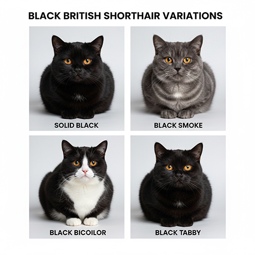 Các biến thể mèo Anh lông ngắn đen gồm solid black, black smoke, black bicolor và black tabby