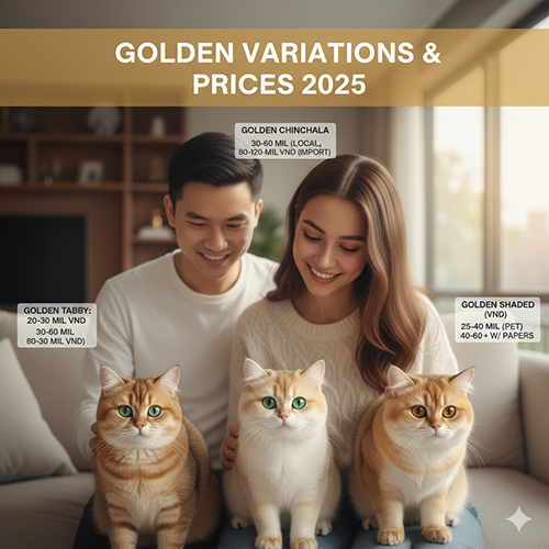 Các biến thể mèo Anh lông ngắn golden và giá bán 2025 – shaded, tabby, chinchilla