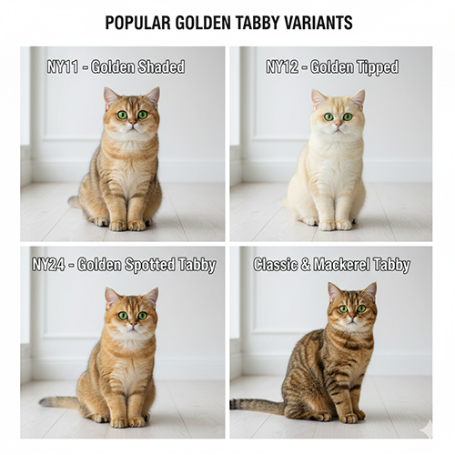 Các biến thể mèo Anh lông ngắn Golden Tabby gồm NY11, NY12, NY24 và Classic/Mackerel