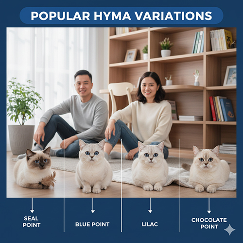 Các biến thể mèo Anh lông ngắn Hyma gồm seal point, blue point, lilac point và chocolate point