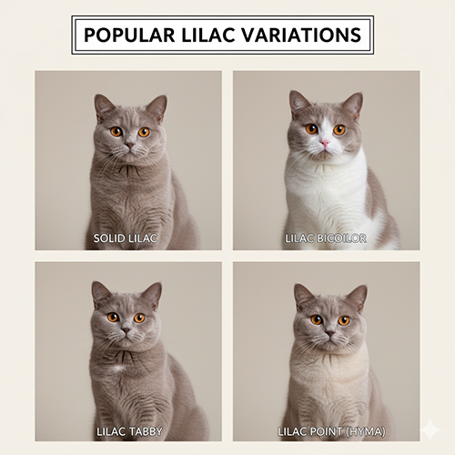 Các biến thể mèo Anh lông ngắn lilac gồm solid, bicolor, tabby và lilac point
