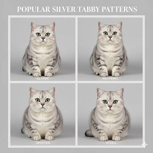 Các biến thể mèo Anh lông ngắn silver tabby gồm classic, mackerel, spotted và ticked