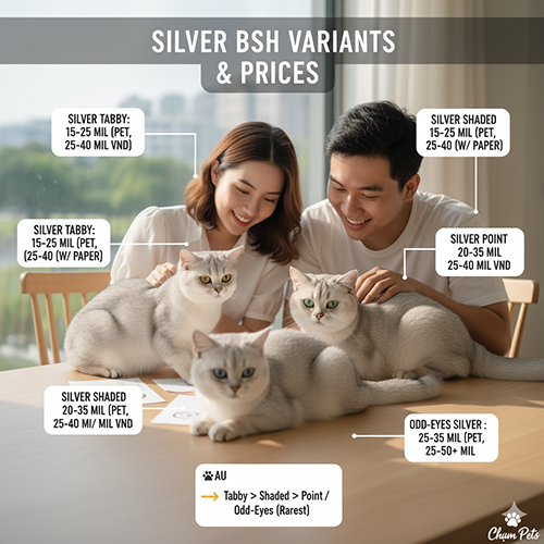 Các biến thể mèo Anh lông ngắn silver và mức giá chi tiết năm 2025
