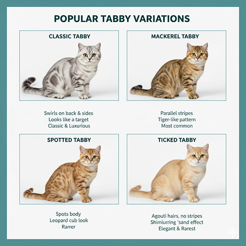 Các biến thể phổ biến của mèo Anh lông ngắn tabby gồm classic, mackerel, spotted và ticked tabby