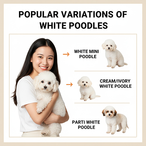 Các biến thể Poodle trắng phổ biến – Poodle trắng mini, trắng kem/ngà, trắng pha