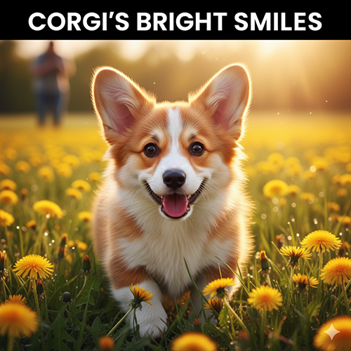 Chó Corgi cười tươi rạng rỡ giữa cánh đồng hoa, gương mặt đáng yêu tràn đầy năng lượng 🐶🌼