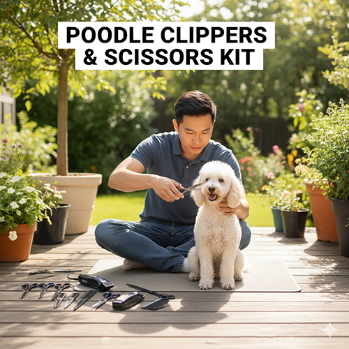Người đàn ông dùng kéo và tông đơ cắt tỉa lông chó Poodle trắng ngoài sân vườn