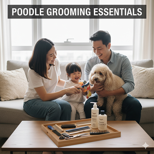 Gia đình chuẩn bị bộ dụng cụ grooming cho chó Poodle gồm lược, kéo, sữa tắm và phụ kiện vệ sinh tại nhà