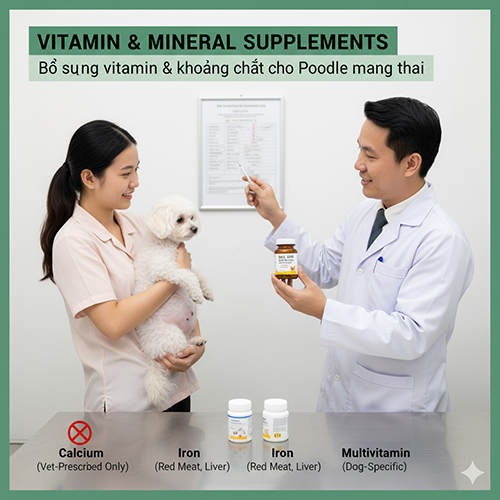 💊 Bổ sung vitamin & khoáng chất cho chó Poodle mang thai: canxi, sắt, DHA, omega-3, vitamin tổng hợp