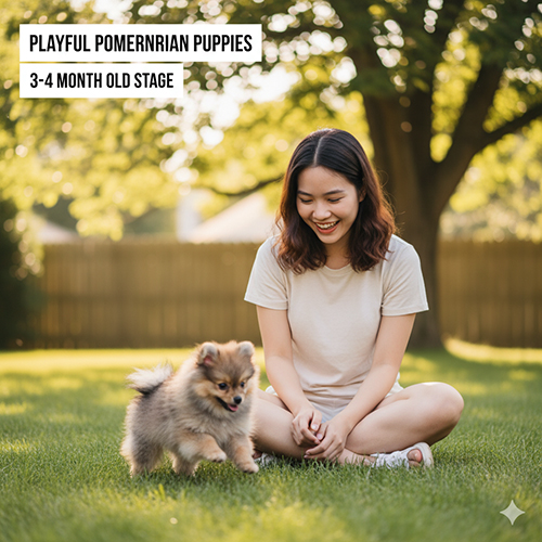 Ảnh chó Phốc Sóc con 3–4 tháng tuổi dễ thương – Pom tinh nghịch, đang thay lông giai đoạn đầu