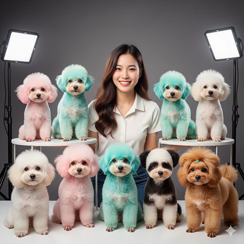 Bộ sưu tập hình ảnh chó Poodle nhuộm lông nhiều màu: hồng pastel, xanh mint, đỏ nâu, panda và gấu bông