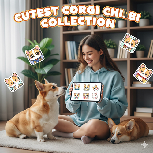 Cô gái tươi cười cùng hai chú Corgi thật, đang giơ máy tính bảng với bộ sưu tập sticker Corgi chibi hoạt hình nhiều màu sắc.