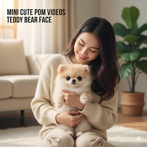 Cô gái ôm chó Phốc Sóc mini mặt gấu đáng yêu trong phòng khách.