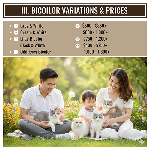 Các biến thể mèo Anh lông ngắn bicolor và giá bán chi tiết năm 2025 gồm xám trắng, vàng trắng, lilac, đen trắng, odd-eyes