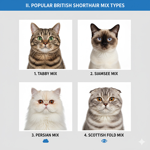 Bộ ảnh 4 kiểu mèo Anh lông ngắn lai: Tabby mix, Siamese mix, Persian/Exotic mix và Scottish Fold mix với ngoại hình đặc trưng.